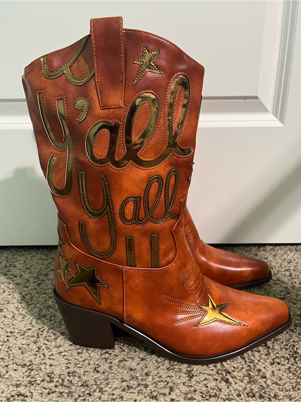 Women's Tan Western Heeled Boots with Star & Script Details